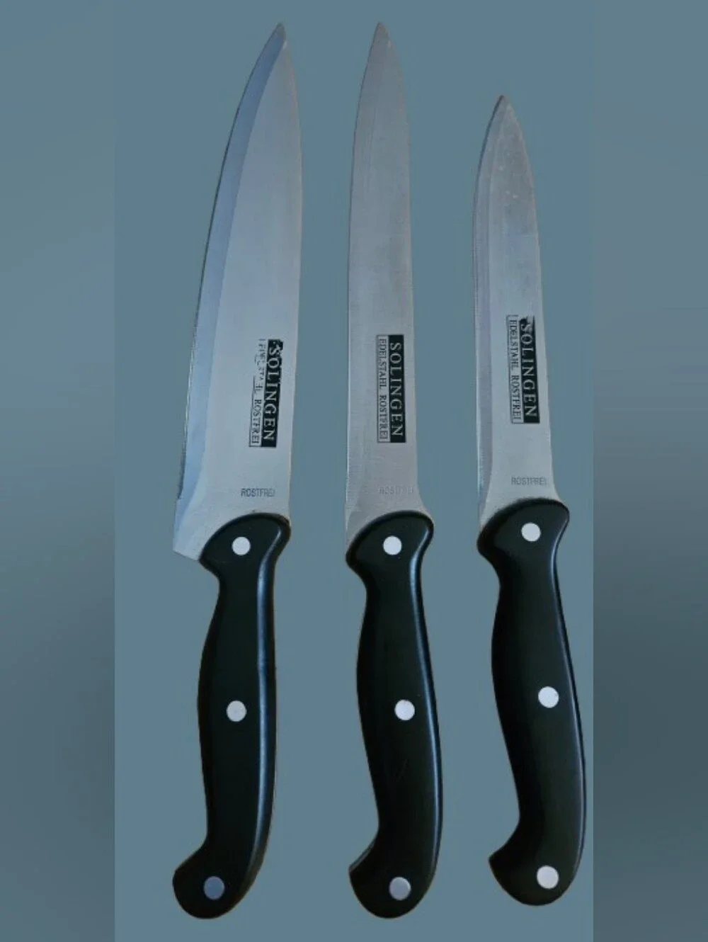 German Solinger Rosrfrei (Rust Free) Stainless Steel Knife Set. 6 w/Honing Rod
